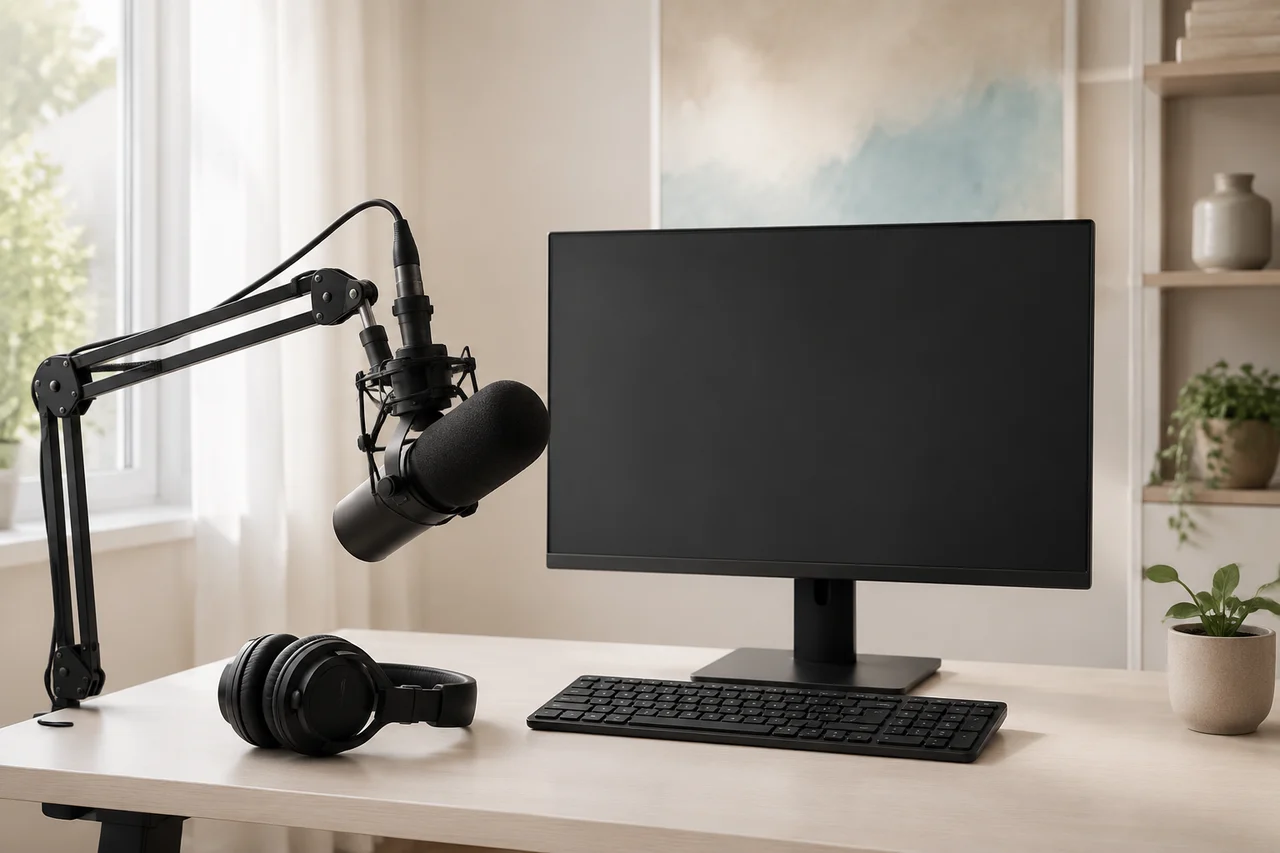 Illustrazione di una postazione computer con microfono e cuffie