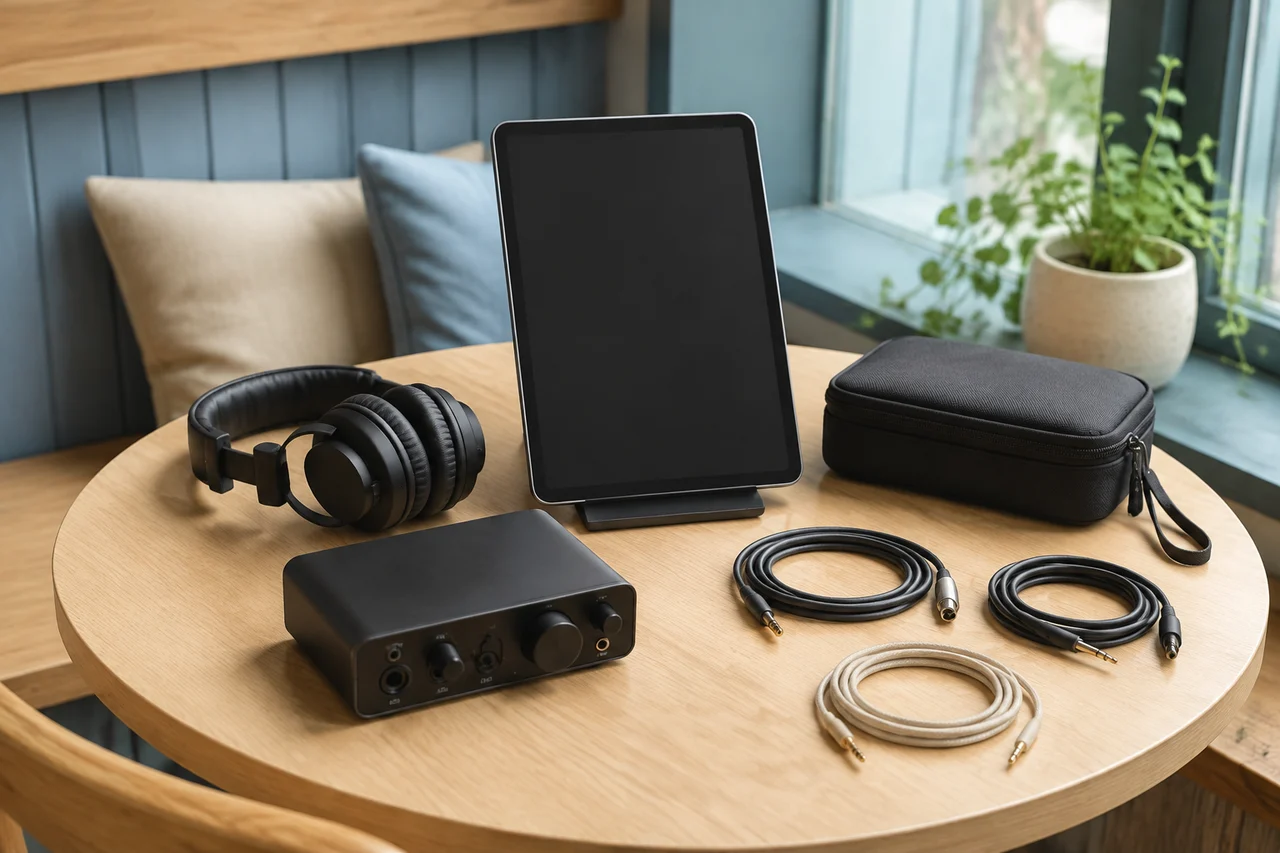 Illustrazione di tablet, cuffie e attrezzatura audio portatile