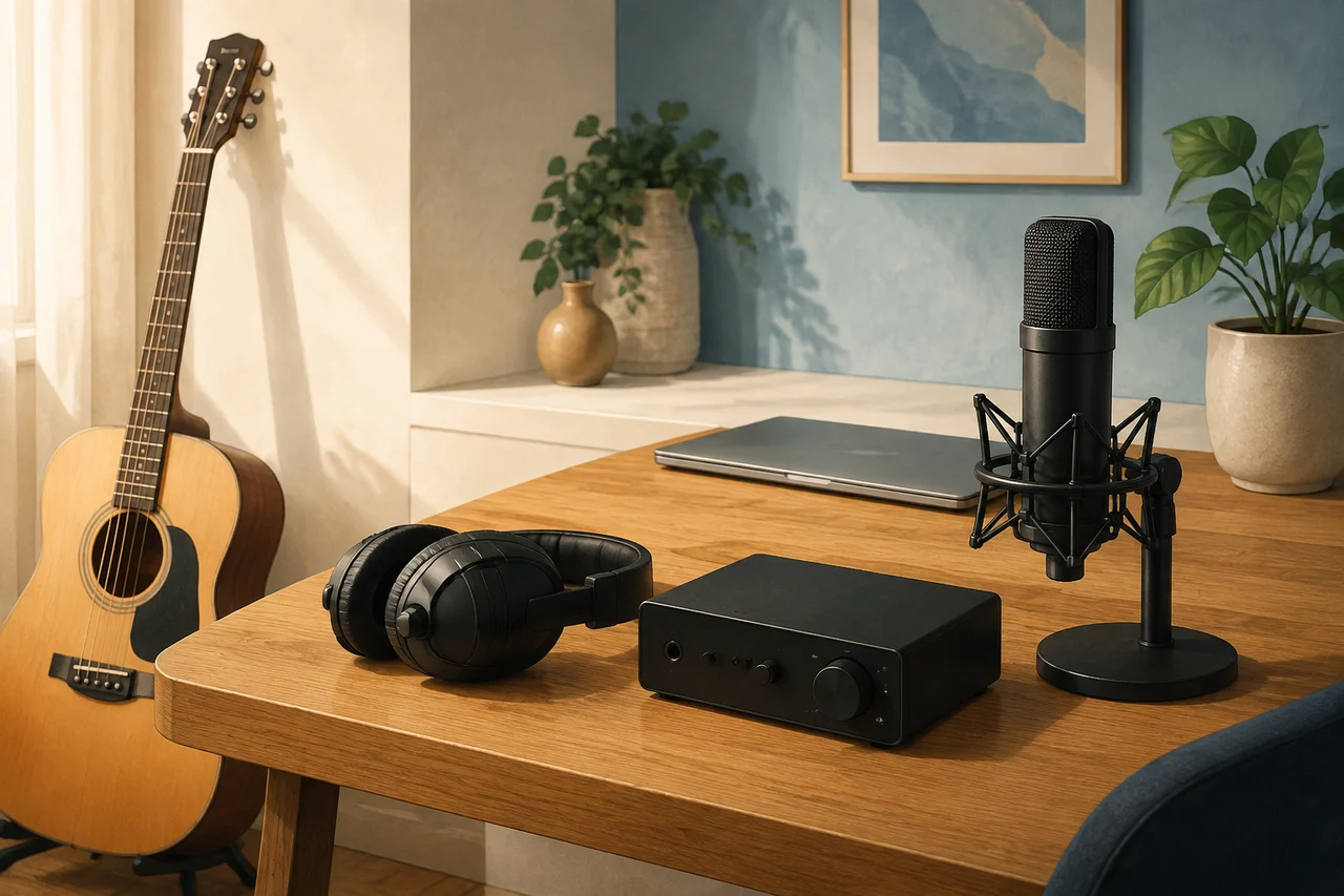 Illustrazione di un angolo home recording con microfono, chitarra e cuffie