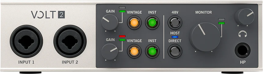 Universal Audio Volt 2 vista dall’alto e frontalmente