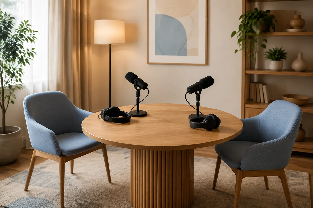 Illustrazione di un tavolo con due microfoni e due posti per un podcast
